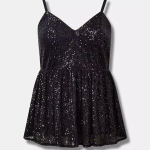 TORRID DEEP BLACK PEPLUM SEQUIN V-NECK TANK TOP 2 2X 18 20 GOTH VAMP